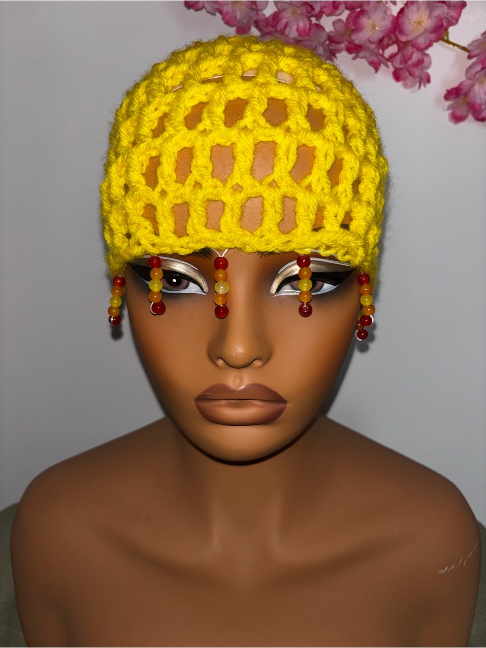 Handmade Yellow Crochet Beanie with Beaded Fringe